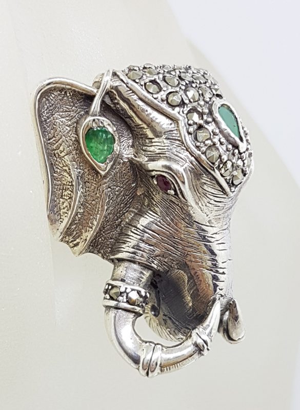 Sterling Silver Very Large Elephant Head Ring with Marcasite and Emerald