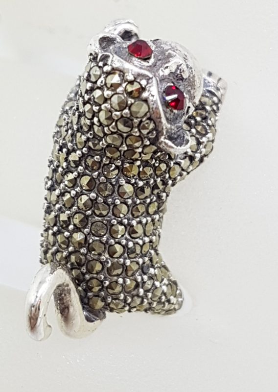 Sterling Silver Marcasite with Red Eyes Monkey Ring