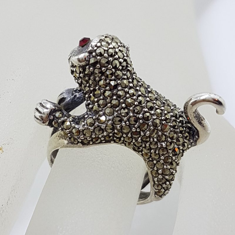 Sterling Silver Marcasite with Red Eyes Monkey Ring