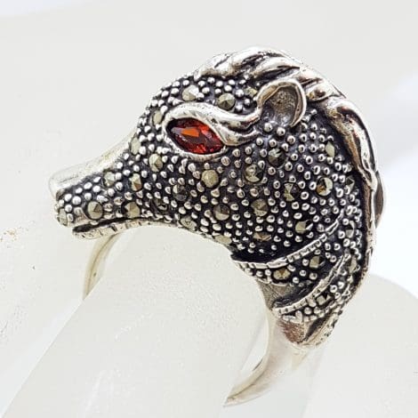 Sterling Silver Marcasite & Garnet Large Horse Head Ring