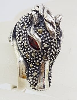 Sterling Silver Marcasite & Garnet Large Horse Head Ring