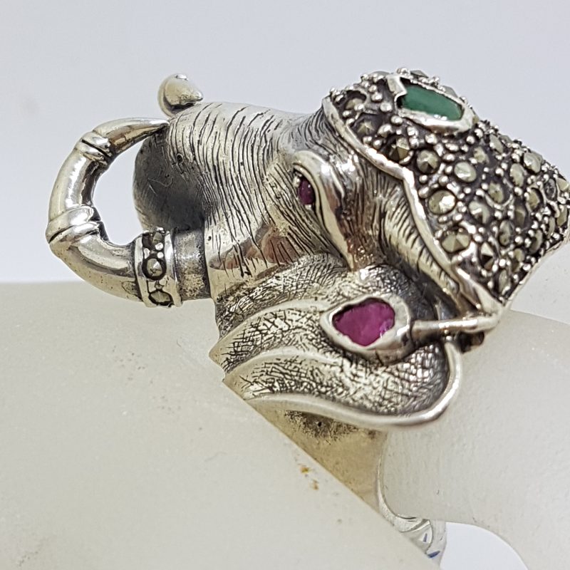 Sterling Silver Very Large Elephant Head Ring with Marcasite, Ruby and Emerald