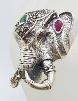 Sterling Silver Very Large Elephant Head Ring with Marcasite, Ruby and Emerald