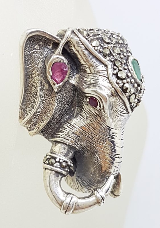 Sterling Silver Very Large Elephant Head Ring with Marcasite, Ruby and Emerald