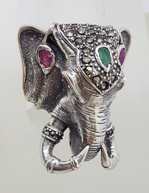Sterling Silver Very Large Elephant Head Ring with Marcasite, Ruby and Emerald