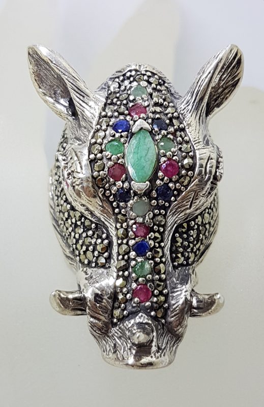 Sterling Silver Very Large Wild Boar/Pig Head Ring with Marcasite, Ruby, Sapphire and Emerald
