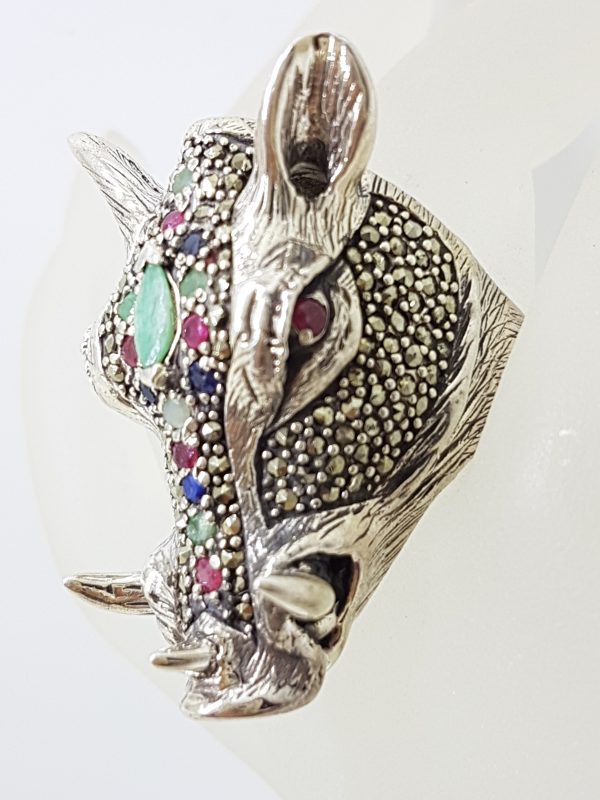 Sterling Silver Very Large Wild Boar/Pig Head Ring with Marcasite, Ruby, Sapphire and Emerald