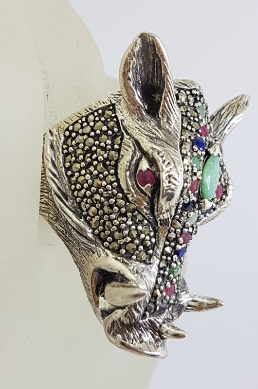 Sterling Silver Very Large Wild Boar/Pig Head Ring with Marcasite, Ruby, Sapphire and Emerald