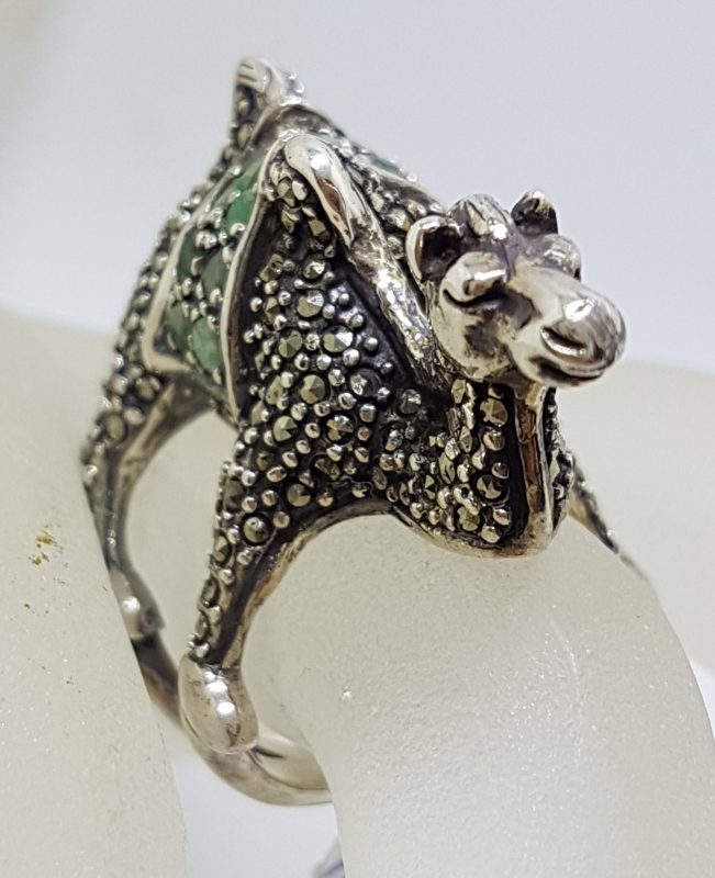 Sterling Silver Very Large Camel Ring with Marcasite and Emerald