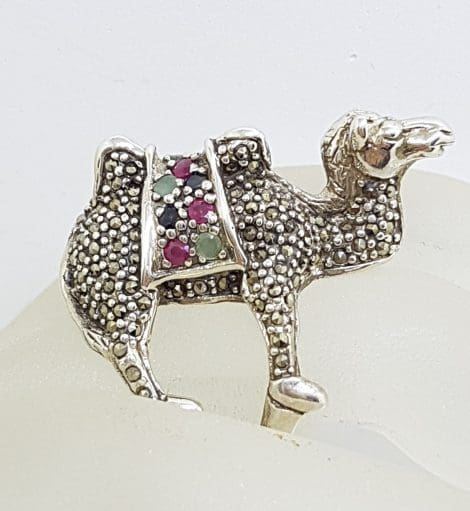 Sterling Silver Very Large Camel Ring with Marcasite, Ruby, Sapphire and Emerald