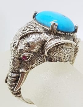 Sterling Silver Marcasite, Recon. Turquoise and Ruby Very Large Elephant Ring