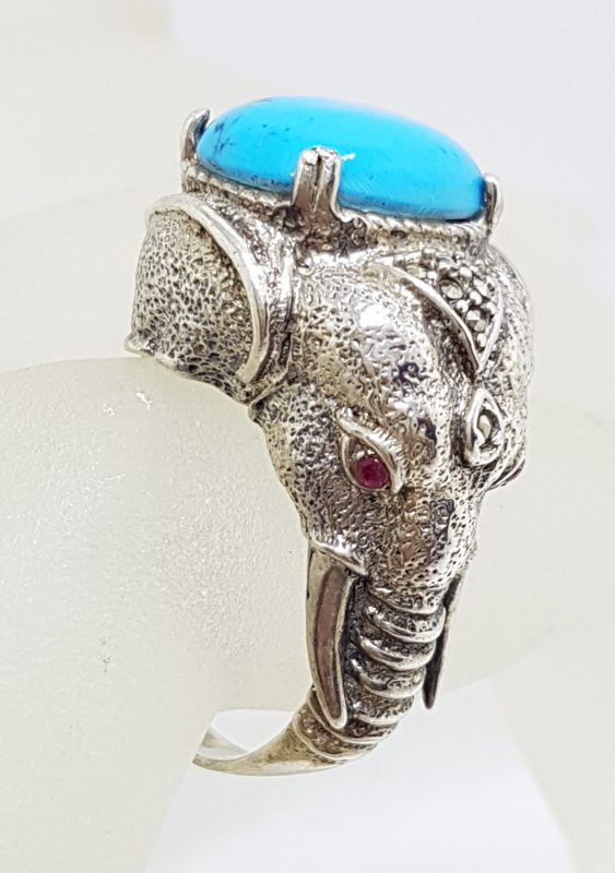 20200612_121011 Sterling Silver Marcasite, Recon. Turquoise and Ruby Very Large Elephant Ring