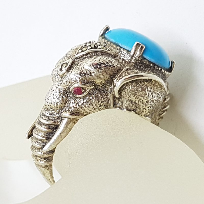 20200612_121248 Sterling Silver Marcasite, Recon. Turquoise and Ruby Very Large Elephant Ring