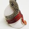 Sterling Silver Marcasite and Enamel Coiled Snake Ring - Red & Orange