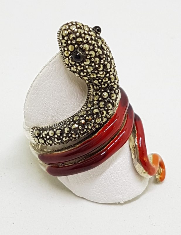 20200612_123014 Sterling Silver Marcasite and Enamel Coiled Snake Ring - Red & Orange