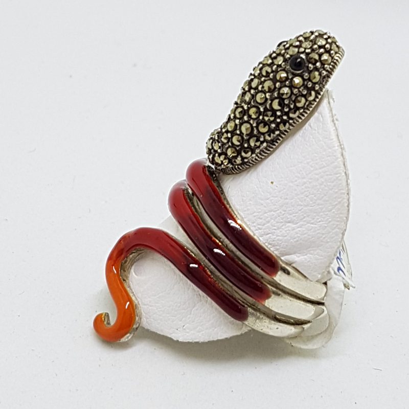 20200612_123028 Sterling Silver Marcasite and Enamel Coiled Snake Ring - Red & Orange