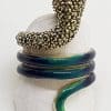 Sterling Silver Marcasite and Enamel Large Coiled Snake Ring - Blue & Green