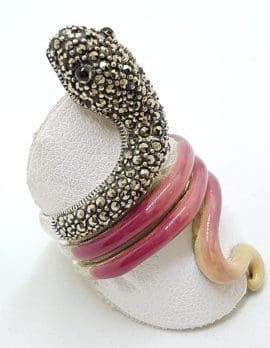 Sterling Silver Marcasite and Enamel Large Coiled Snake Ring - Pink