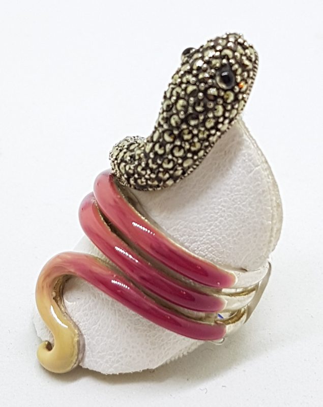 Sterling Silver Marcasite and Enamel Large Coiled Snake Ring - Pink