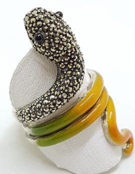 Sterling Silver Marcasite and Enamel Large Coiled Snake Ring - Green & Yellow