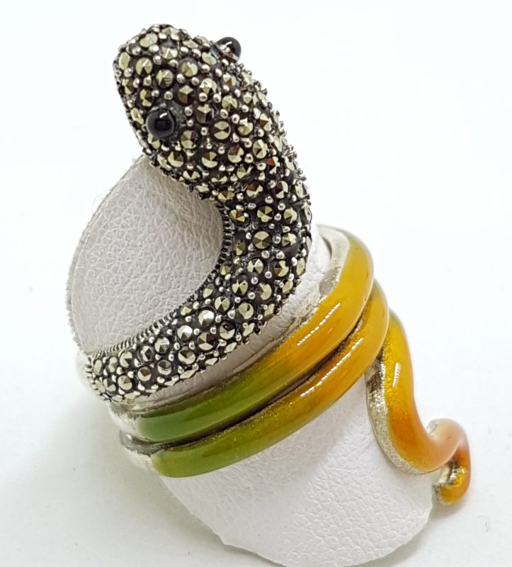 20200612_123236 Sterling Silver Marcasite and Enamel Large Coiled Snake Ring - Green & Yellow