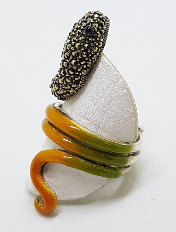 20200612_123249 Sterling Silver Marcasite and Enamel Large Coiled Snake Ring - Green & Yellow