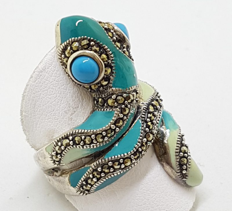 20200612_123332 Sterling Silver Marcasite and Enamel Large Ornate Coiled Snake Ring - Turquoise Blue