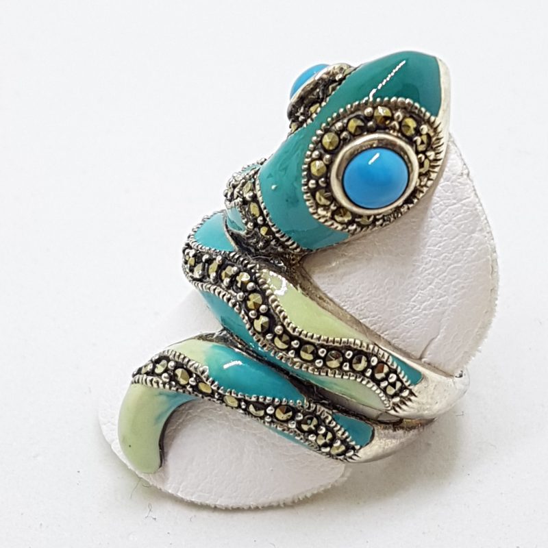 20200612_123346 Sterling Silver Marcasite and Enamel Large Ornate Coiled Snake Ring - Turquoise Blue