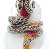 Sterling Silver Marcasite and Enamel Large Ornate Coiled Snake Ring - Red & Orange