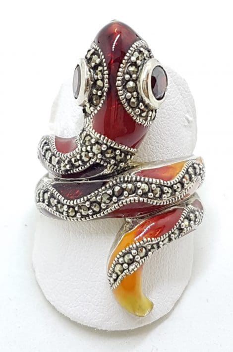 Sterling Silver Marcasite and Enamel Large Ornate Coiled Snake Ring - Red & Orange