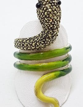 Sterling Silver Marcasite and Enamel Large Coiled Snake Ring - Green & Yellow