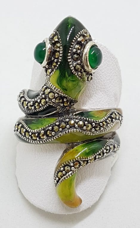 Sterling Silver Marcasite and Enamel Large Ornate Coiled Snake Ring - Green & Yellow
