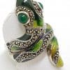 Sterling Silver Marcasite and Enamel Large Ornate Coiled Snake Ring - Green & Yellow