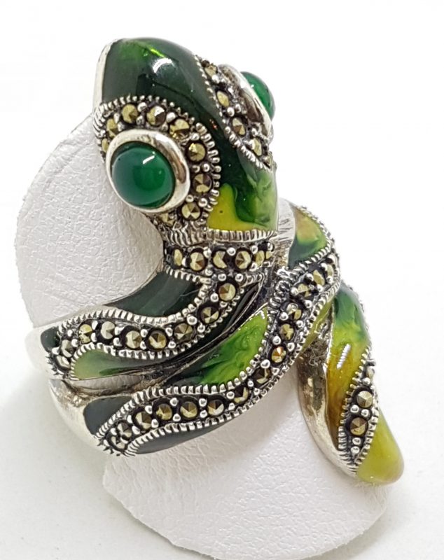 Sterling Silver Marcasite and Enamel Large Ornate Coiled Snake Ring - Green & Yellow