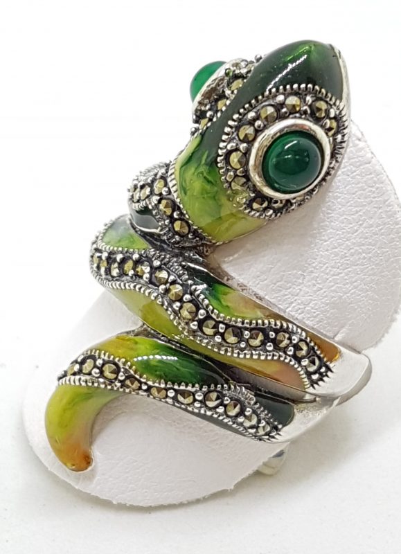 Sterling Silver Marcasite and Enamel Large Ornate Coiled Snake Ring - Green & Yellow