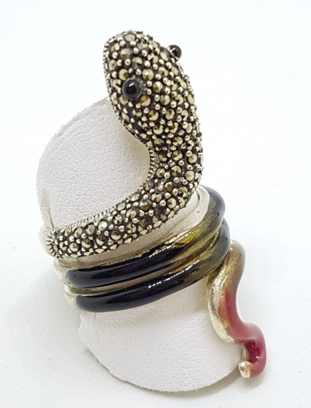 Sterling Silver Marcasite and Enamel Large Coiled Snake Ring - Brown