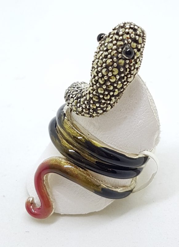 Sterling Silver Marcasite and Enamel Large Coiled Snake Ring - Brown