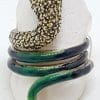 Sterling Silver Marcasite and Enamel Large Coiled Snake Ring - Green & Blue