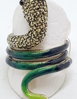 Sterling Silver Marcasite and Enamel Large Coiled Snake Ring - Green & Blue