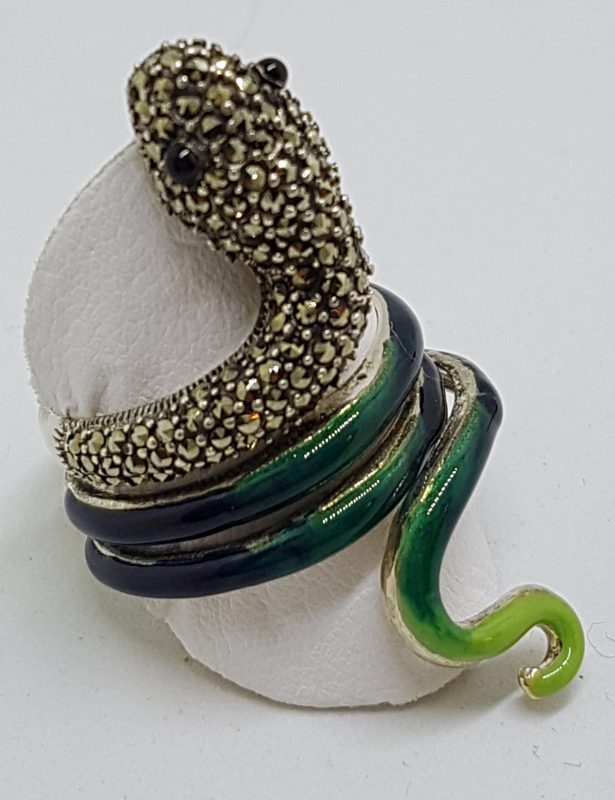 20200612_131222 Sterling Silver Marcasite and Enamel Large Coiled Snake Ring - Green & Blue