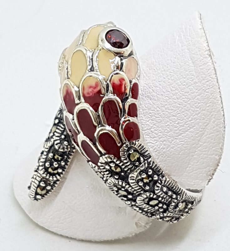 Sterling Silver Marcasite and Enamel Snake Ring - Red & Beige/Cream