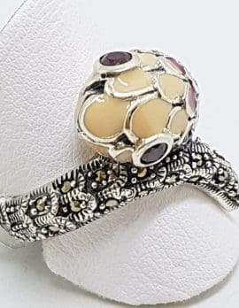 Sterling Silver Marcasite and Enamel Snake Ring - Red & Beige/Cream