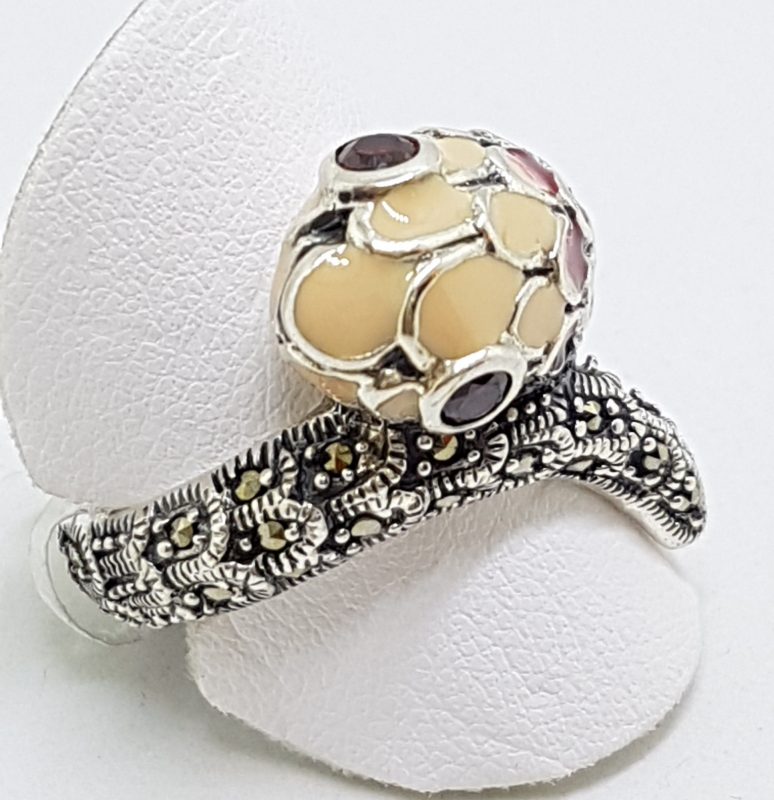 Sterling Silver Marcasite and Enamel Snake Ring - Red & Beige/Cream