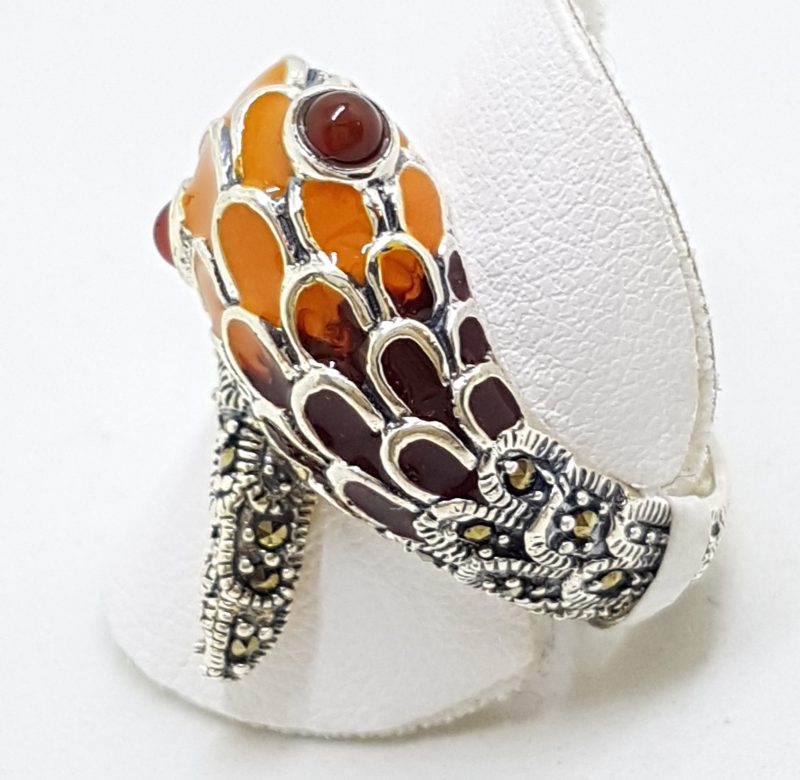 Sterling Silver Marcasite and Enamel Snake Ring - Maroon Red & Orange
