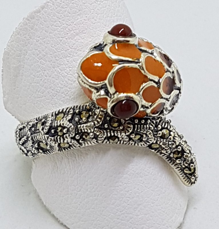 Sterling Silver Marcasite and Enamel Snake Ring - Maroon Red & Orange