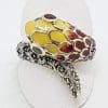 Sterling Silver Marcasite and Enamel Snake Ring - Maroon Red & Yello