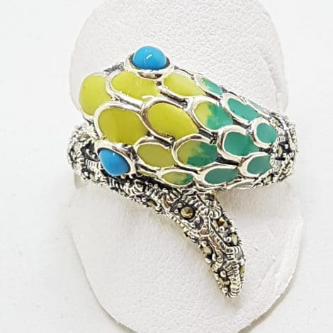 Sterling Silver Marcasite and Enamel Snake Ring - Turquoise & Yellow