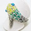 Sterling Silver Marcasite and Enamel Snake Ring - Turquoise & Yellow