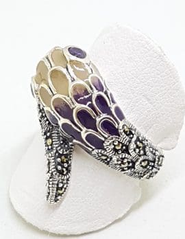 Sterling Silver Marcasite and Enamel Snake Ring - Purple & Yellow