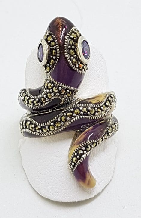 Sterling Silver Marcasite and Enamel Large Ornate Coiled Snake Ring - Purple & Beige